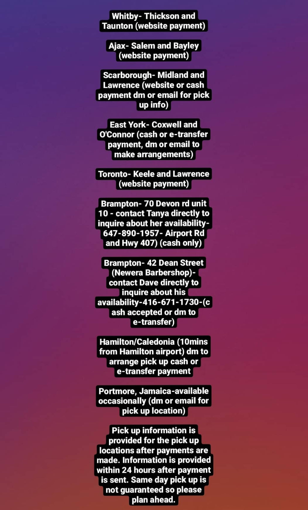 All pick up location information